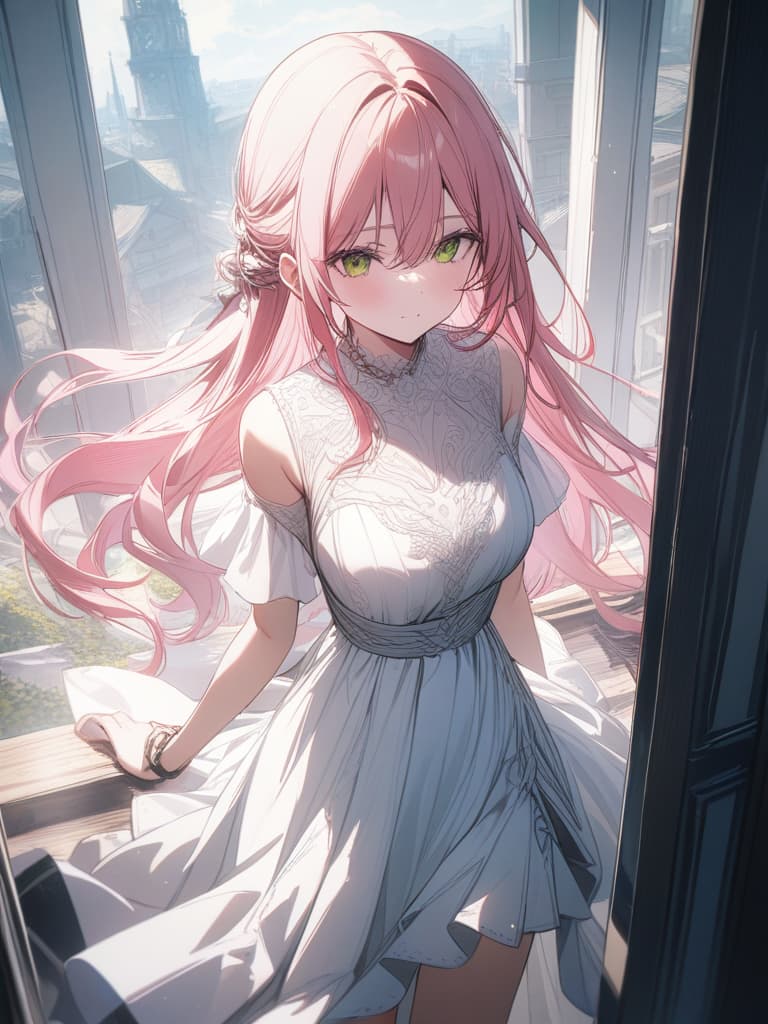  Pink hair, green, long hair, white dress, masterpiece, best quality,8k,ultra detailed,high resolution,an extremely delicate and beautiful,hyper detail