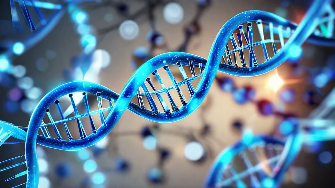  best quality, HD, A digital representation of a DNA helix with glowing blue strands, set against a futuristic, abstract background. The scene is filled with elements of medical biotechnology, including 3D molecular structures and genetic symbols. The overall aesthetic is sleek, modern, and highly detailed, evoking the cutting edge nature of genetic research. high tech design neon blue complex molecular details scientific innovation