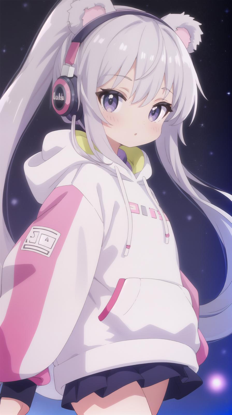  master piece , best quality,Bukabuka Hoodie Bear Ears Girl Headphones Silver Hair Ponytail