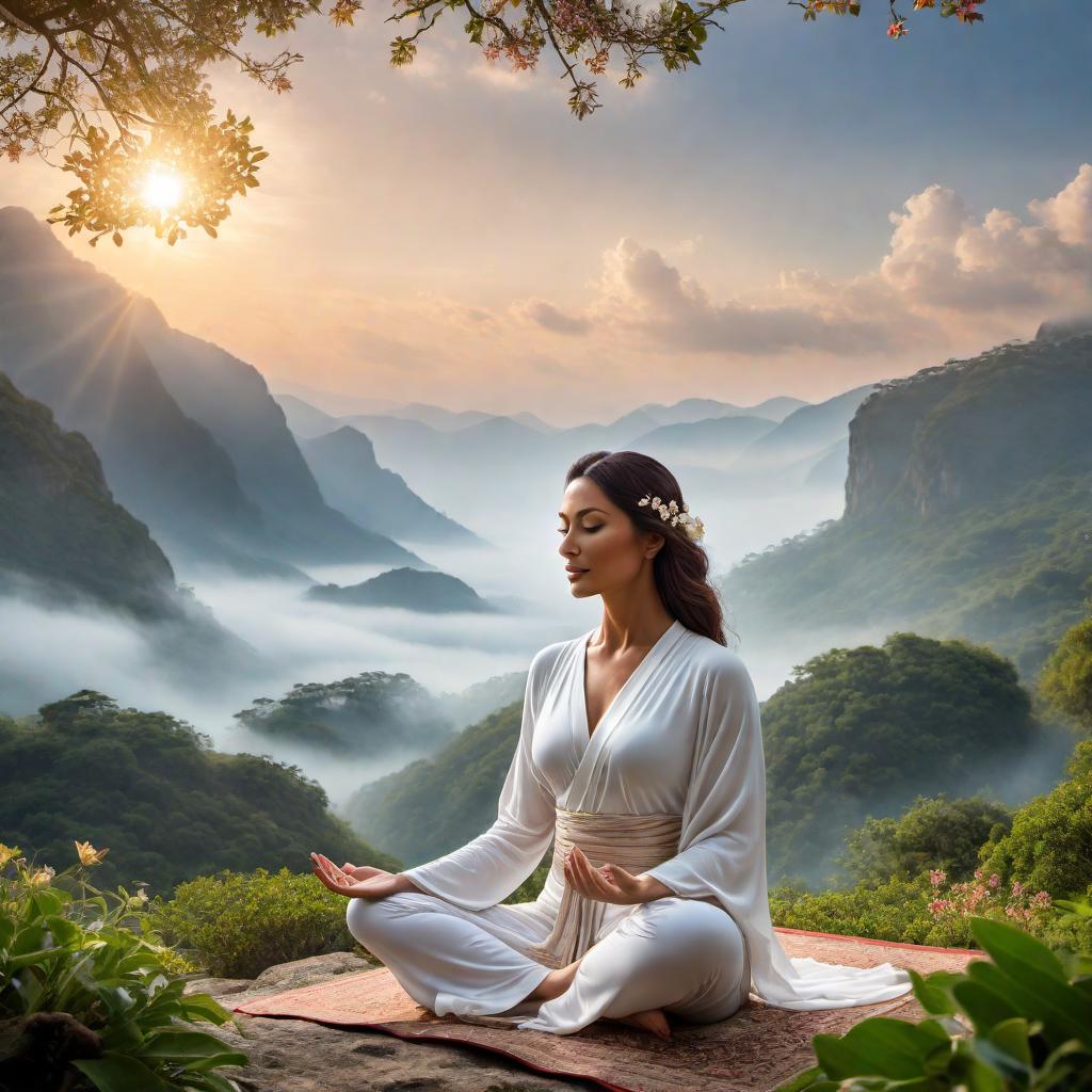  A serene and positive visualization of a chant for good health. Picture a person in a meditative pose, surrounded by a soft, healing light. Energy flows around them, symbolizing health and strength. The scene should feel calm, bright, and rejuvenating, reflecting health and vitality in both body and spirit. hyperrealistic, full body, detailed clothing, highly detailed, cinematic lighting, stunningly beautiful, intricate, sharp focus, f/1. 8, 85mm, (centered image composition), (professionally color graded), ((bright soft diffused light)), volumetric fog, trending on instagram, trending on tumblr, HDR 4K, 8K