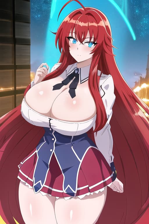  her gigantic getting ed in a short ,masterpiece, best quality, 1women, long red hair, looking at viewer, :3, cute, black uniform, outdoors, streets, cowboy shot, curvy, (((blue eyes))), rias gremory, red hair, antenna hair, wavy hair, ((beautiful detailed eyes, beautiful detailed glow, lots of glow)), anime screencap