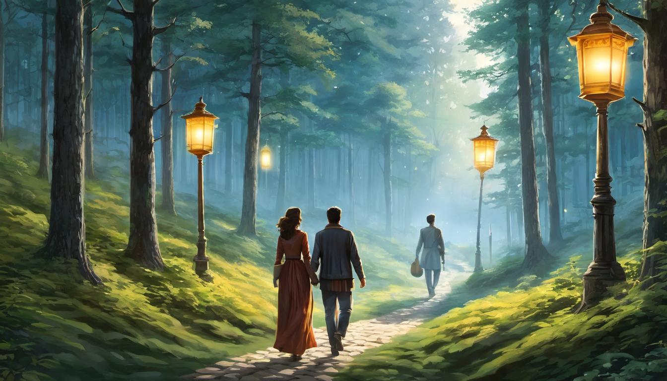  digital illustration, 1man, 1woman, walking on a quiet path, forest scenery with tall trees lining both sides, man guiding with a gentle hand, woman holding a lantern illuminating the path, unity, harmony, supportive network, authentic companionship, looking at viewer, dynamic pose, (intricate details, masterpiece, best quality)