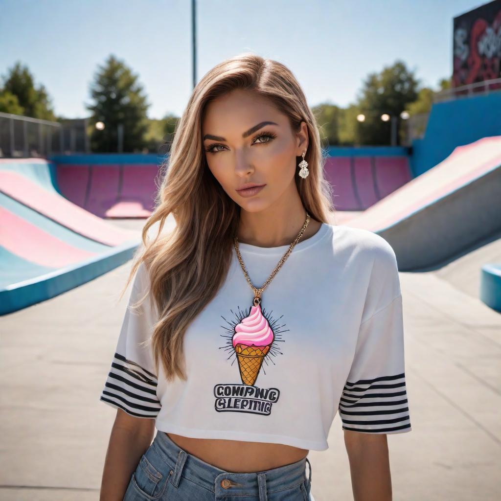  A female model at a skatepark, wearing casual skater attire with a diamond clustered ice cream cone pendant necklace prominently displayed. The background should include typical skatepark elements such as ramps, rails, and graffiti art. The model is casually posing near a ramp, with a relaxed and confident expression. hyperrealistic, full body, detailed clothing, highly detailed, cinematic lighting, stunningly beautiful, intricate, sharp focus, f/1. 8, 85mm, (centered image composition), (professionally color graded), ((bright soft diffused light)), volumetric fog, trending on instagram, trending on tumblr, HDR 4K, 8K