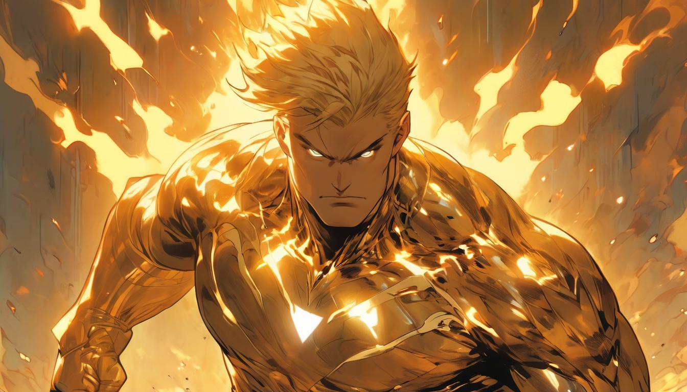  hyperrealism,fantasy aesthetic1man, large muscular blonde arian male humanoid, surrounded by an intense, pulsating golden light, standing confidently, high tech clothing clad in sleek, futuristic costume with metallic accents and form fitting designs, marvel superhero comics style, unreal engine rendering