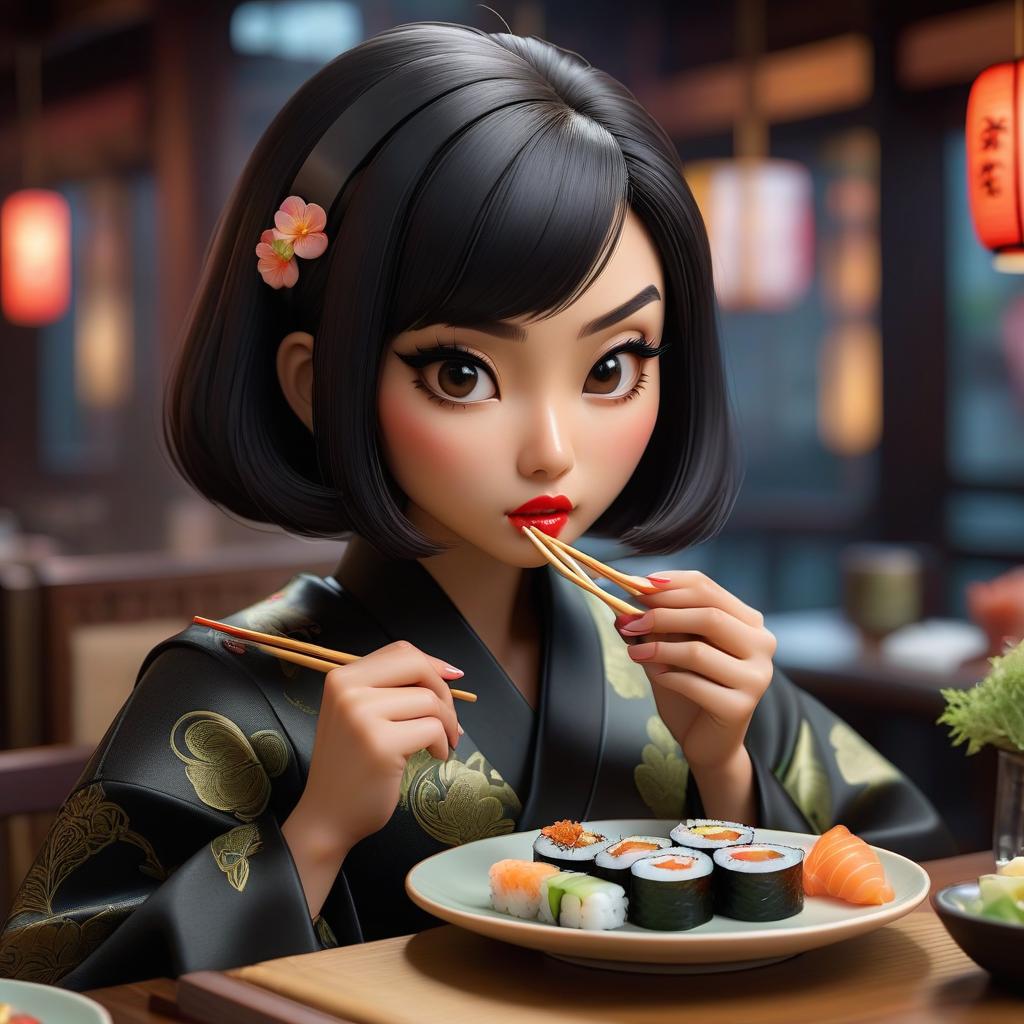  A girl with dark hair, a bob cut, eating sushi. hyperrealistic, full body, detailed clothing, highly detailed, cinematic lighting, stunningly beautiful, intricate, sharp focus, f/1. 8, 85mm, (centered image composition), (professionally color graded), ((bright soft diffused light)), volumetric fog, trending on instagram, trending on tumblr, HDR 4K, 8K