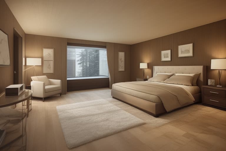  Bed Room, Peaceful, cozy, relaxation, sleep, comfort. The image portrays a luxurious modern theme, featuring elegant wood paneling, sophisticated lighting, and a clean, refined aesthetic. Luxurious modern with elegant wood paneling, sophisticated ambient lighting, large bed, plush rug, and a sleek, refined look. luxury, modern, elegant, wood paneling, sophisticated lighting, refined aesthetic