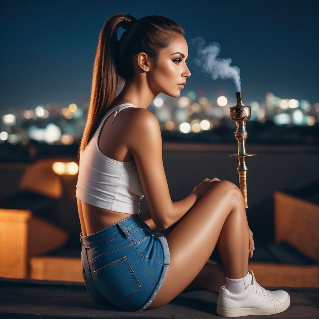  A girl is sitting on a rooftop against the backdrop of a city at night, her hair is in a bun, her hair is dark, with a hookah, wearing jeans shorts and white sneakers, view in profile. hyperrealistic, full body, detailed clothing, highly detailed, cinematic lighting, stunningly beautiful, intricate, sharp focus, f/1. 8, 85mm, (centered image composition), (professionally color graded), ((bright soft diffused light)), volumetric fog, trending on instagram, trending on tumblr, HDR 4K, 8K