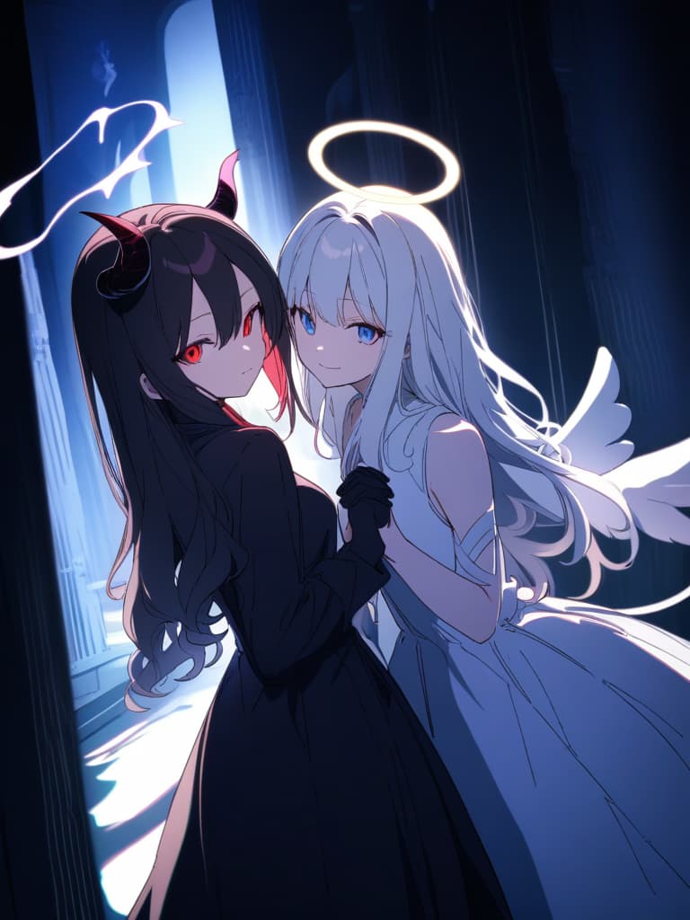  ((Angel and devil,angel,devil,facing each other,s together,y,tempting,devil on the right,angel on the left,holding hands,divine)),((Angel,angel wings,angel halo,halo,white dress,big s,blue eyes,white hair,perm,long hair,curly hair,beautiful,pretty ,puzzled face)),((Devil,devil wings,devil horns,devil tail,red eyes,black hair,straight long hair,big s,black dress,black gloves,devilish smile,pretty )),pretty ,cute,high quality,two people,two s,ultra detailed,best shadow,cute and beautiful face,(masterpiece:1.2),(best quality:1.2),detailed background,high contrast,(best illumination,an extremely delicate and beautiful),((cinematic light)),hyper detail,dramatic light,intricate details,8k,anime,very aesthetic、(