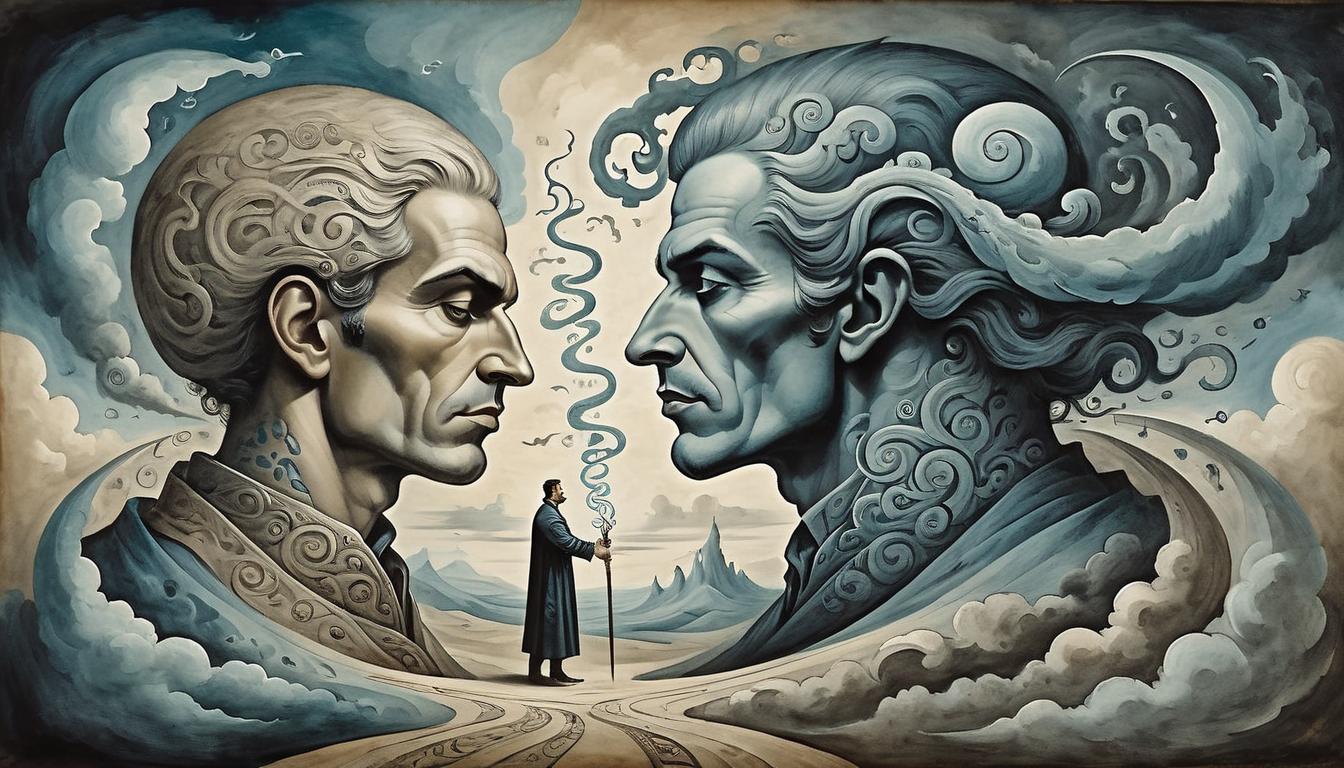  on parchment, surrealism+++, Two figures side by side, one viewing stress as dark clouds, the other as a bright challenge, both surrounded by swirling genetic symbols, conceptual contrast, dual perspectives(mysterious, provocative, symbolic,muted color)+++