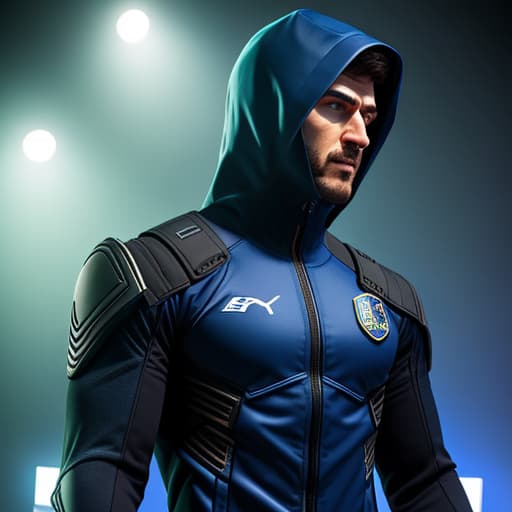  image of a 18 boy wearing thigt a dark blue secret agent costume with green strips and howling wolf design hyperrealistic, full body, detailed clothing, highly detailed, cinematic lighting, stunningly beautiful, intricate, sharp focus, f/1. 8, 85mm, (centered image composition), (professionally color graded), ((bright soft diffused light)), volumetric fog, trending on instagram, trending on tumblr, HDR 4K, 8K