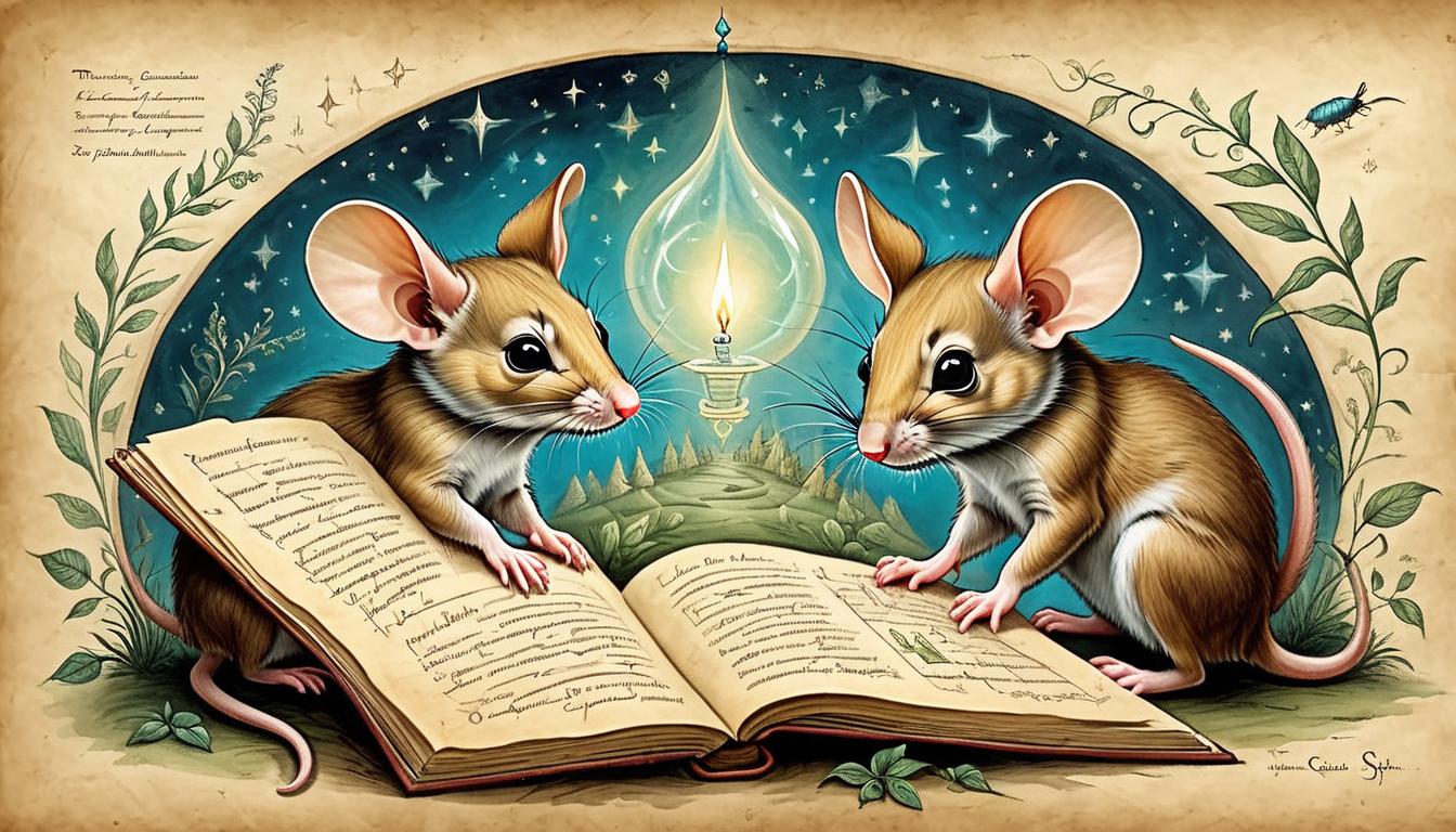  on parchment, surrealism+++, Twin pathways of light from mouse pups highlighting nurturing vs less attentive upbringing, epigenetic markers glowing, contrasting emotions, dynamic ambiance, scientifically accurate(mysterious, provocative, symbolic,muted color)+++