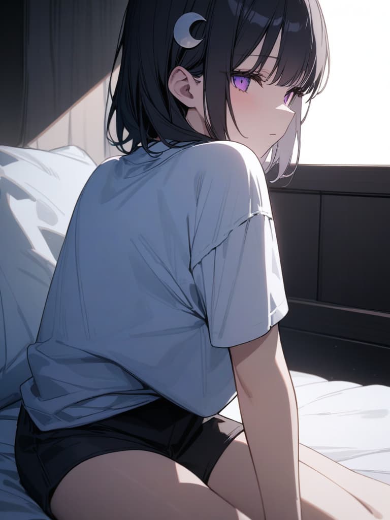  Expressionless,Sitting,leaning forward,white shirt T shirt,shorts,in a room,on a bed,cool girl,Black hair,(purple eyes),short,cropped hair,crescent moon hair ornament,, masterpiece, best quality,8k,ultra detailed,high resolution,an extremely delicate and beautiful,hyper detail