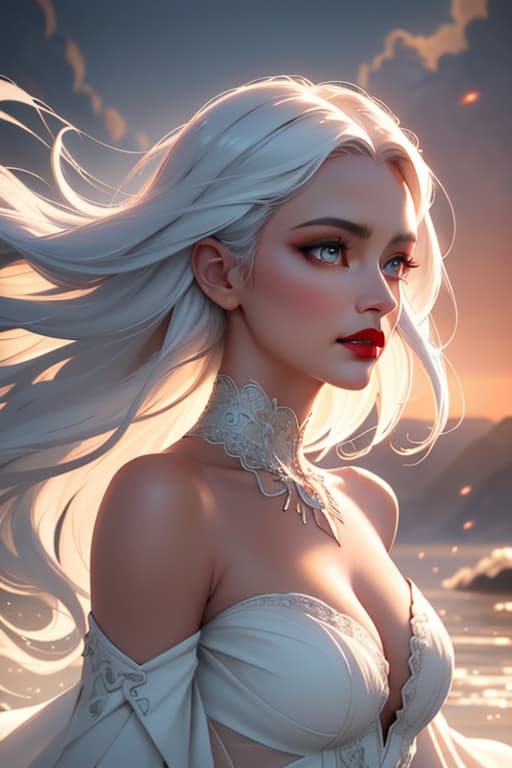  masterpiece, best quality, beautiful face, dark make up, movie still, stunning , lips, carmin red lips, long hair, White hair, wavy hair, iest, ful, huge , deep age, off shoulders, very short dress, pleated dress, cloud , floating in the sky, bright, happy, warm soft lighting, sunset, (sparks:0.7) hyperrealistic, full body, detailed clothing, highly detailed, cinematic lighting, stunningly beautiful, intricate, sharp focus, f/1. 8, 85mm, (centered image composition), (professionally color graded), ((bright soft diffused light)), volumetric fog, trending on instagram, trending on tumblr, HDR 4K, 8K