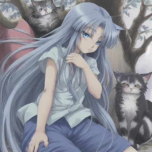  cute anime old cat with blue eyes and long hair