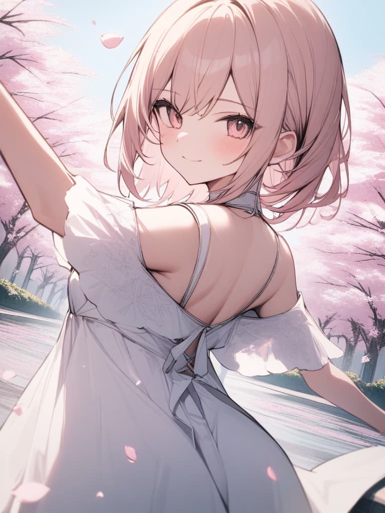  Sufficient smile, cherry blossoms, petals, spring, outstretched Arms, Looking Back, (Pink & White One Piece), Dutch Angle, 💩 1.0, 💩: 1, masterpiece, best quality,8k,ultra detailed,high resolution,an extremely delicate and beautiful,hyper detail