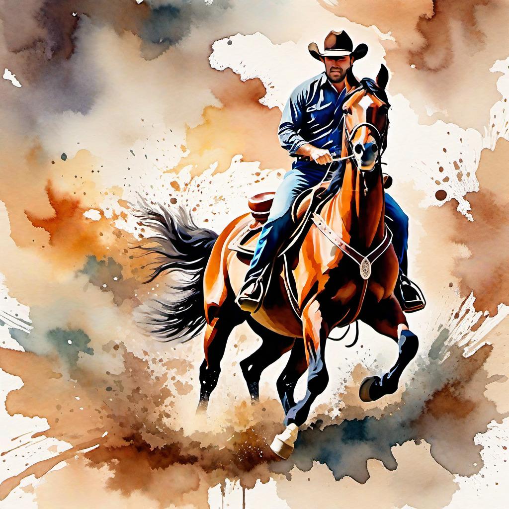  Create a watercolor painting of a man ridding a bucking horse at a rodeo. The background features soft, watercolor style splashes in earthy tones, giving the image an artistic and dreamy feel. Ensure the overall image has a delicate watercolor effect.