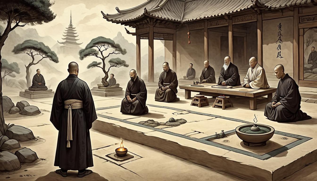  on parchment, surrealism+++, Solitary monks performing rituals, zen garden in the foreground, stern concentration on their faces, spiritual, physical strength(mysterious, provocative, symbolic,muted color)+++