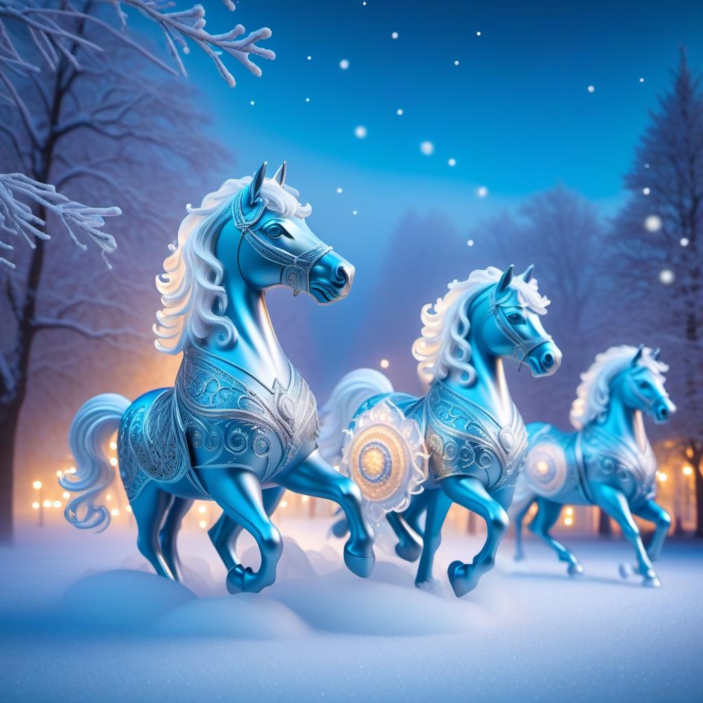  ethereal fantasy concept art of Digital image (double exposure). An attraction in a park. A carousel of ice ponies spinning to the rhythm of a blizzard. Manes of thin openwork snowflakes. Sparkling, sparkling blue neon. Shades of white to blue. (Christmas decor: candy, caramel, wreath, poisettia). Unusual designs, sparkling surfaces. Lots of snowflakes. White snow. Silver filigree, pattern. Stylisation, decorative. Background : surrealist abstraction. Stylistics : fantasy, fairy tale, Soviet animation. High quality. . magnificent, celestial, ethereal, painterly, epic, majestic, magical, fantasy art, cover art, dreamy, hkmagic hyperrealistic, full body, detailed clothing, highly detailed, cinematic lighting, stunningly beautiful, intricate, sharp focus, f/1. 8, 85mm, (centered image composition), (professionally color graded), ((bright soft diffused light)), volumetric fog, trending on instagram, trending on tumblr, HDR 4K, 8K