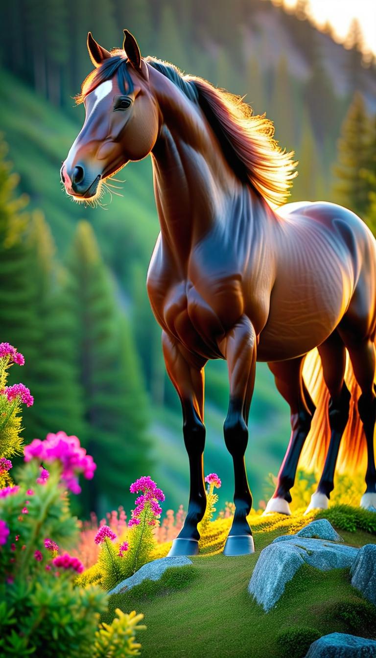  Professional 3D model of A summery, beautiful, stately, brown horse mounts on top of a mountain. The horse is surrounded by beautiful flowers, trees and bushes. There is a pink flower in its mane. . Rendered with Octane, the model is highly detailed,dramatic lighting. hyperrealistic, full body, detailed clothing, highly detailed, cinematic lighting, stunningly beautiful, intricate, sharp focus, f/1. 8, 85mm, (centered image composition), (professionally color graded), ((bright soft diffused light)), volumetric fog, trending on instagram, trending on tumblr, HDR 4K, 8K