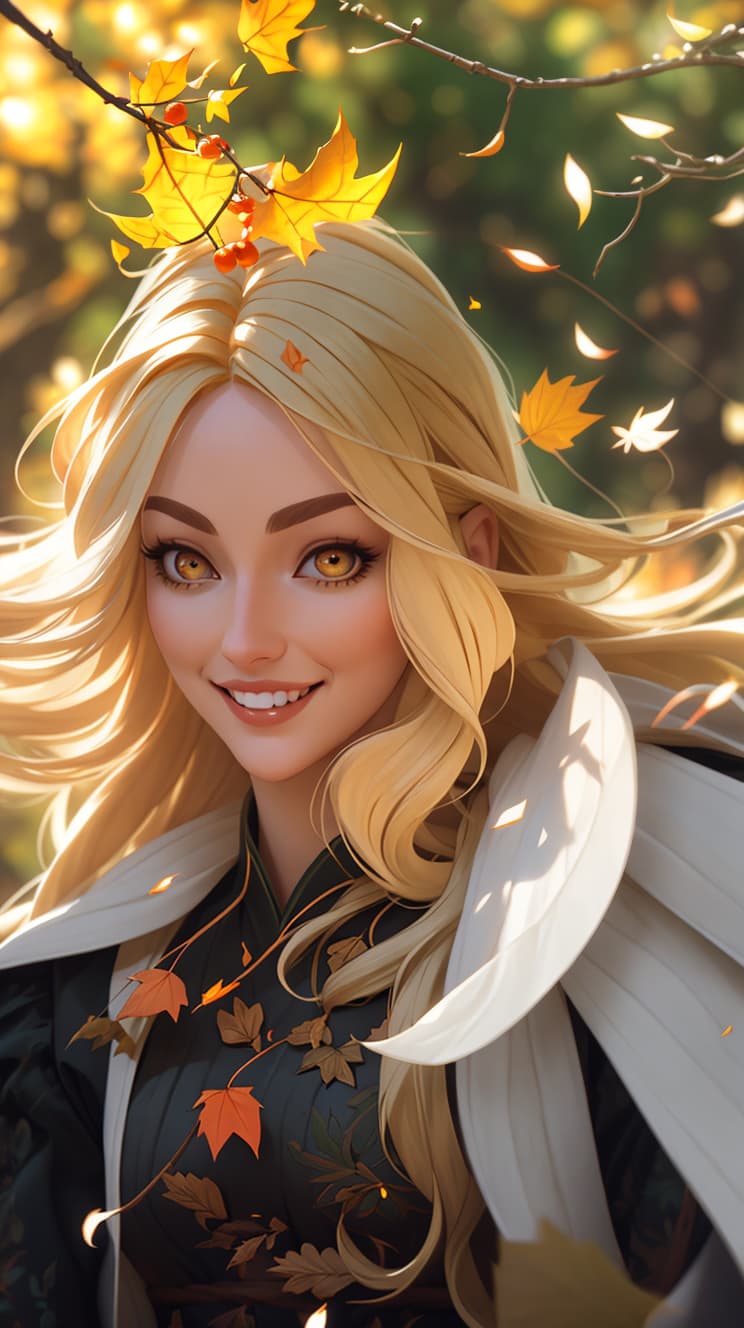  Beautiful fall fairy, white eyes, long flowing hair, falling leaves, pumpkins, blond hair, smile with open teeth, slavic face hyperrealistic, full body, detailed clothing, highly detailed, cinematic lighting, stunningly beautiful, intricate, sharp focus, f/1. 8, 85mm, (centered image composition), (professionally color graded), ((bright soft diffused light)), volumetric fog, trending on instagram, trending on tumblr, HDR 4K, 8K
