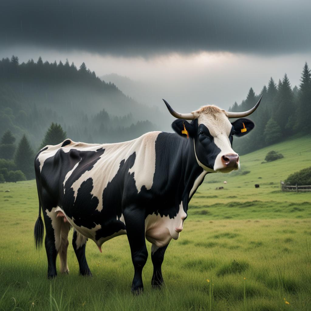  A serene landscape with rain falling gently from the sky, featuring a cow peacefully grazing in the meadow. hyperrealistic, full body, detailed clothing, highly detailed, cinematic lighting, stunningly beautiful, intricate, sharp focus, f/1. 8, 85mm, (centered image composition), (professionally color graded), ((bright soft diffused light)), volumetric fog, trending on instagram, trending on tumblr, HDR 4K, 8K