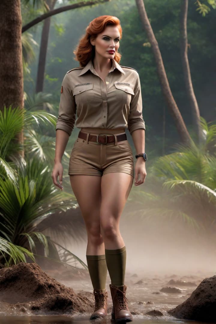  1930’s era young female,auburn haired,jungle explorer ,,wearing her khaki shorts and shirt with khaki knee socks ,standing waist high in deep mud hyperrealistic, full body, detailed clothing, highly detailed, cinematic lighting, stunningly beautiful, intricate, sharp focus, f/1. 8, 85mm, (centered image composition), (professionally color graded), ((bright soft diffused light)), volumetric fog, trending on instagram, trending on tumblr, HDR 4K, 8K