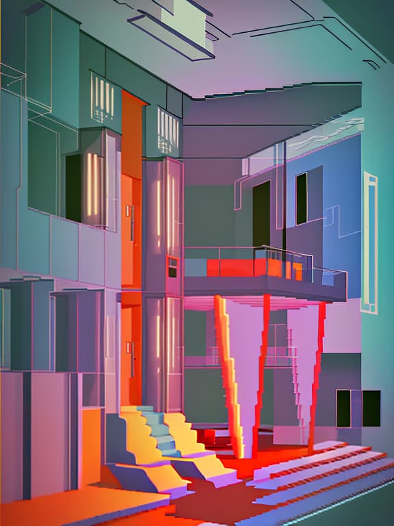  Abstraction, composition of geometric forms on the theme of exterior in interior. Architecture, room, exterior, interior., (Pixel art) retro ,low resolution ,pixelated ,nostalgic hyperrealistic, full body, detailed clothing, highly detailed, cinematic lighting, stunningly beautiful, intricate, sharp focus, f/1. 8, 85mm, (centered image composition), (professionally color graded), ((bright soft diffused light)), volumetric fog, trending on instagram, trending on tumblr, HDR 4K, 8K