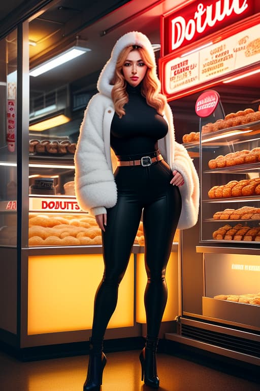  Make an advertising poster for a donut shop. hyperrealistic, full body, detailed clothing, highly detailed, cinematic lighting, stunningly beautiful, intricate, sharp focus, f/1. 8, 85mm, (centered image composition), (professionally color graded), ((bright soft diffused light)), volumetric fog, trending on instagram, trending on tumblr, HDR 4K, 8K