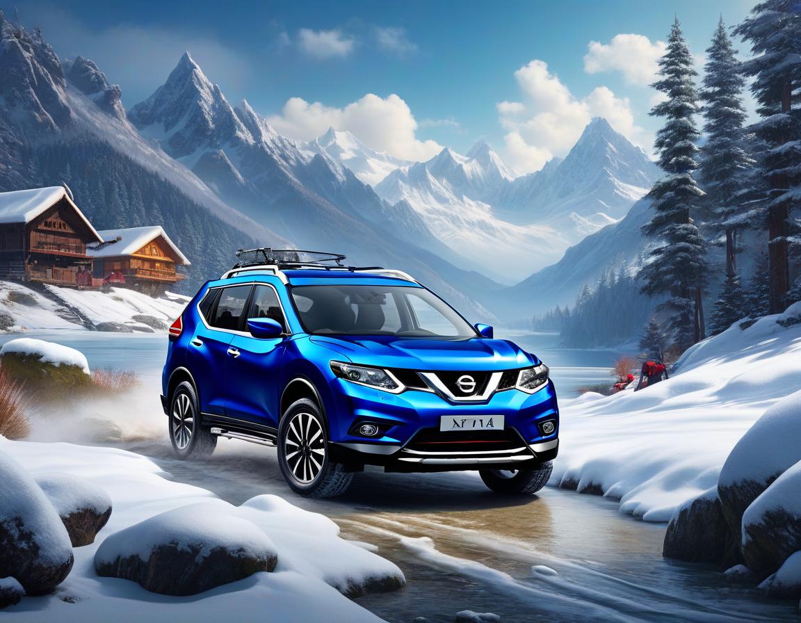  retro game art A dark blue Nissan X trail modified heavily to be an off roader, snowy weather in village, Snowy mountain lake background with lushery, Sunny, medium close up, dynamic shot . 16 bit, vibrant colors, pixelated, nostalgic, charming, fun hyperrealistic, full body, detailed clothing, highly detailed, cinematic lighting, stunningly beautiful, intricate, sharp focus, f/1. 8, 85mm, (centered image composition), (professionally color graded), ((bright soft diffused light)), volumetric fog, trending on instagram, trending on tumblr, HDR 4K, 8K