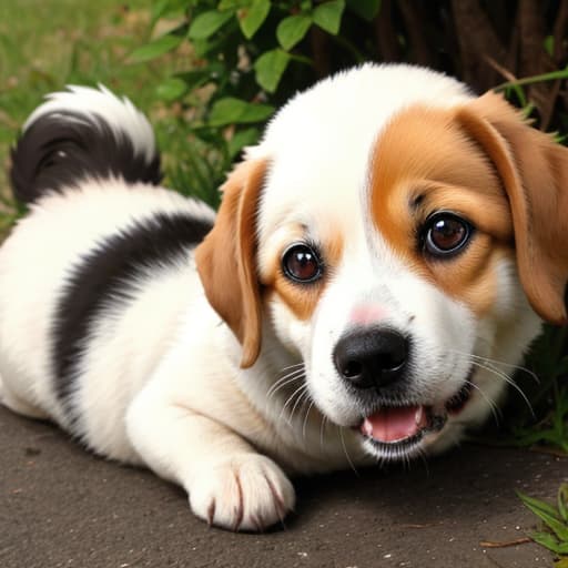  Cute dog, red eyes, biting.