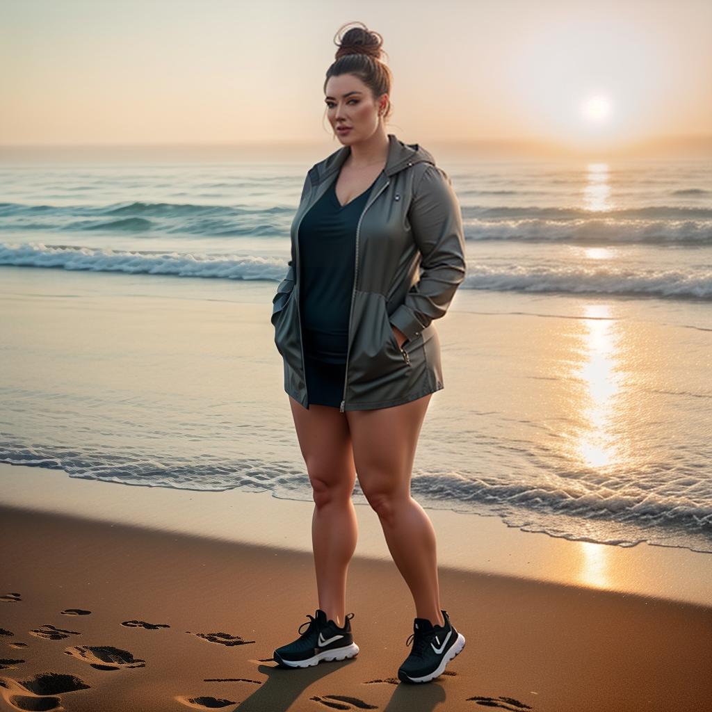  a Chubby American gir at beach hyperrealistic, full body, detailed clothing, highly detailed, cinematic lighting, stunningly beautiful, intricate, sharp focus, f/1. 8, 85mm, (centered image composition), (professionally color graded), ((bright soft diffused light)), volumetric fog, trending on instagram, trending on tumblr, HDR 4K, 8K
