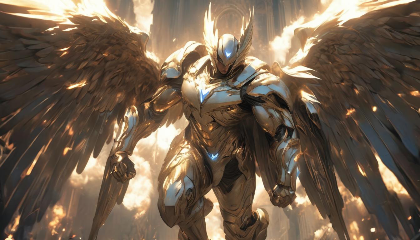  hyperrealism,fantasy aestheticarchangel michael, powerful energy and protective light, celestial wings, armor glistening, commanding presence, divine protector, high tech clothing clad in sleek, futuristic costume with metallic accents and form fitting designs, marvel superhero comics style, unreal engine rendering