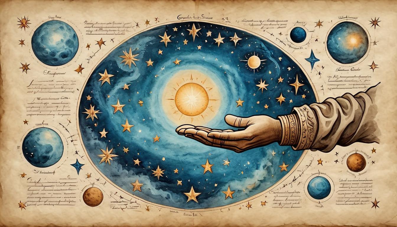  on parchment, surrealism+++, Galactic hand crafting celestial bodies, stars being shaped like clay, cosmos as the backdrop, radiant, divine(mysterious, provocative, symbolic,muted color)+++