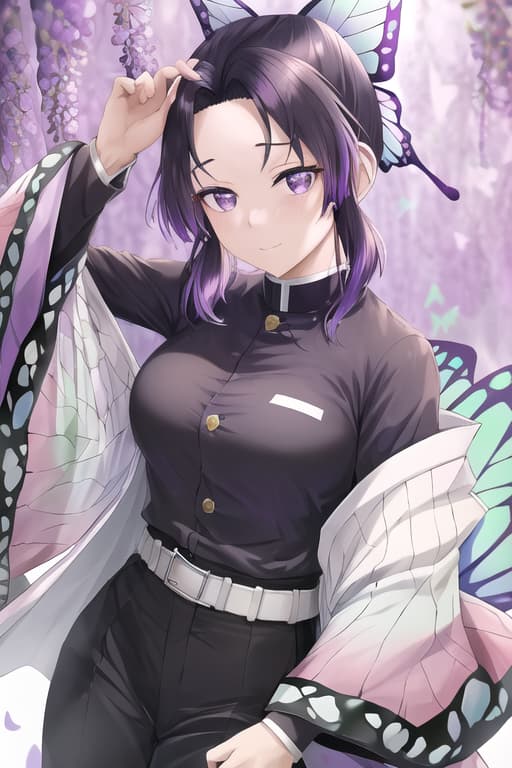  beautiful,realistic,masterpiece, best quality, kochou shinobu, multicolored hair, no bangs, hair intakes, purple eyes, forehead, black shirt, black pants, haori, butterfly, buttons, belt