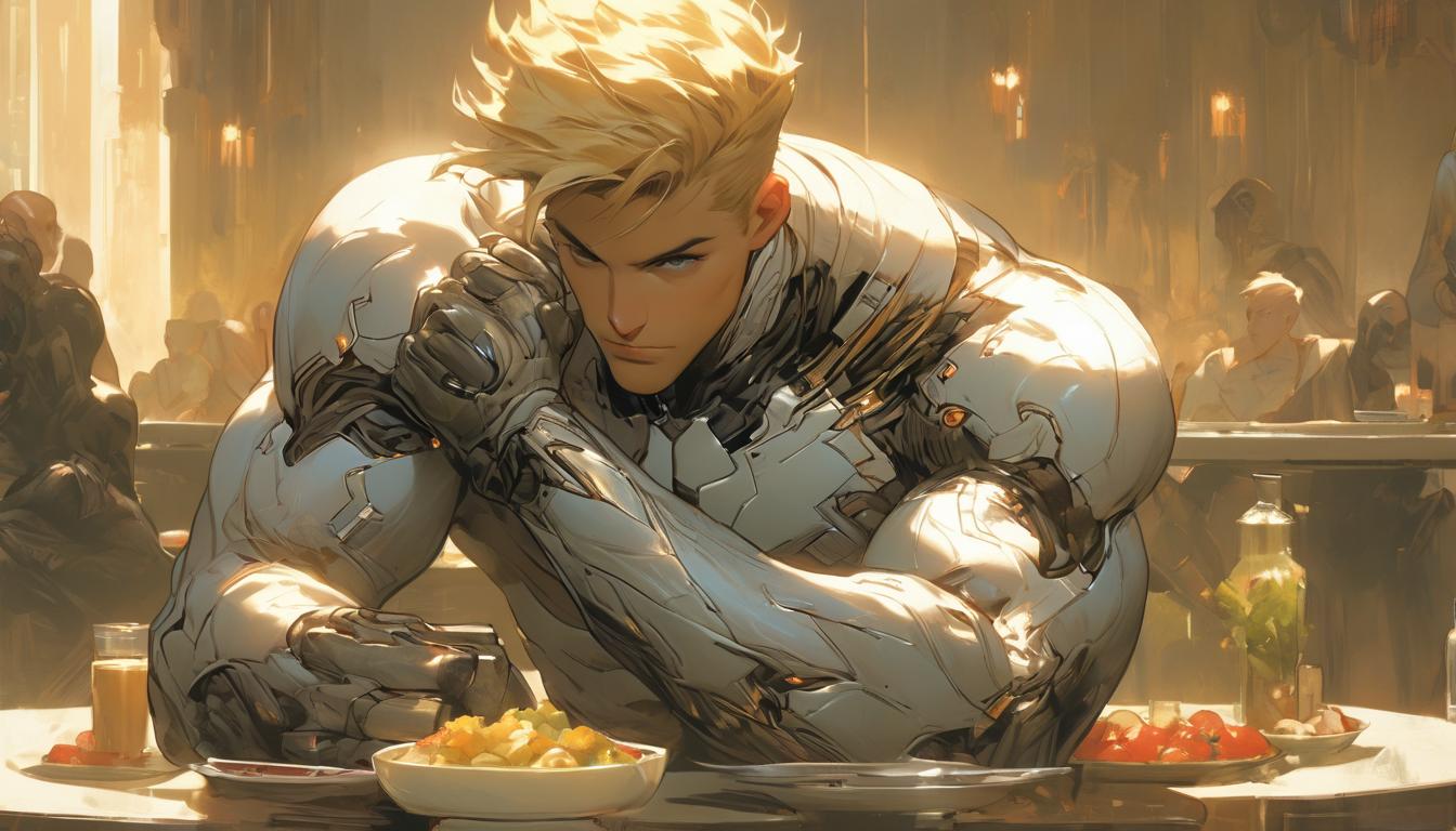  hyperrealism,fantasy aesthetic1man, attractive blonde arian male humanoid, at dining table, variety of healthy foods, thoughtful expression, preparing for the day, sense of purpose, high tech clothing clad in sleek, futuristic costume with metallic accents and form fitting designs, marvel superhero comics style, unreal engine rendering