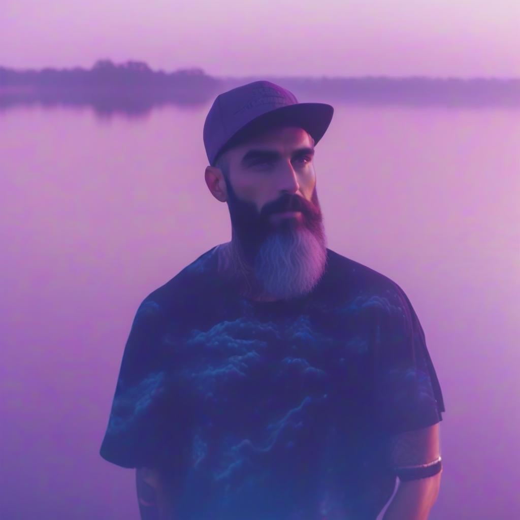  a man standing in front of a body of water, a polaroid photo, purple tint, fractal beard, casey cooke, anime style, comix wave films style, detailed face, detailed eyes, high quality hyperrealistic, full body, detailed clothing, highly detailed, cinematic lighting, stunningly beautiful, intricate, sharp focus, f/1. 8, 85mm, (centered image composition), (professionally color graded), ((bright soft diffused light)), volumetric fog, trending on instagram, trending on tumblr, HDR 4K, 8K