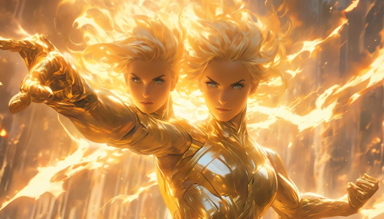  hyperrealism,fantasy aesthetic1woman, large busted blonde arian female humanoid, arms outstretched, emitting vibrant golden rays, celestial backdrop, high tech clothing clad in sleek, futuristic costume with metallic accents and form fitting designs, marvel superhero comics style, unreal engine rendering