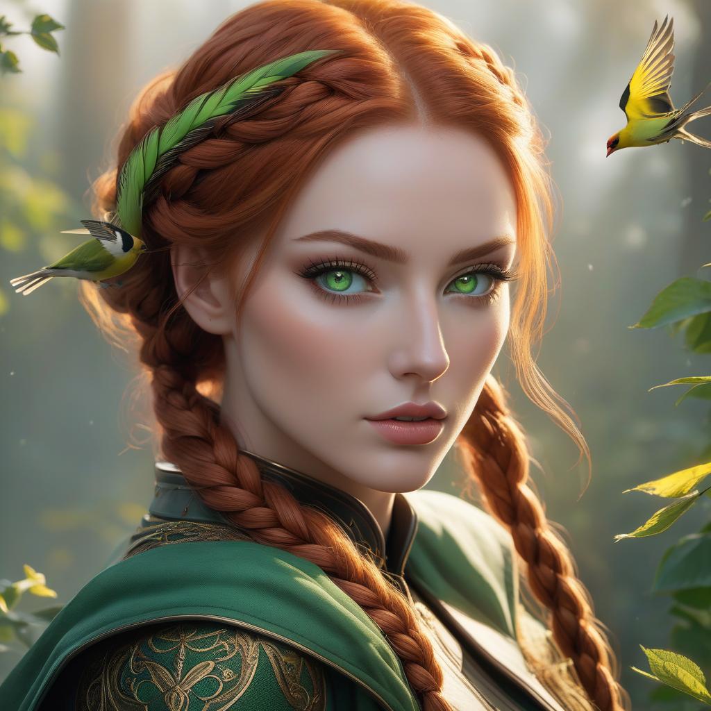  Digital artwork of a woman with striking green eyes and auburn braided hair, over a textured background. gorgeous redhead model with green eyes, goldfinch flying, smooth and realistic portrait, smooth and intricate, high definition, realistic, clear and detailed eyes, hi res, photorealistic, Nikon Z9, 85mm F1.2, DOF, smooth and realistic hyperrealistic, full body, detailed clothing, highly detailed, cinematic lighting, stunningly beautiful, intricate, sharp focus, f/1. 8, 85mm, (centered image composition), (professionally color graded), ((bright soft diffused light)), volumetric fog, trending on instagram, trending on tumblr, HDR 4K, 8K