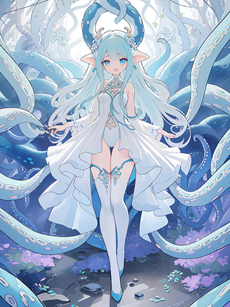  ((full body)),((whole body))、squid、Open mouth,rather large chest、(best quality:1.4、masterpiece:1.4)、((limbs entangled in tentacles、body entangled In tentacles、tentacles limb))、American comics style、Thema is White、(ultra detailed beautiful face)、Blue eye shadow、tighty body suit, masterpiece, best quality,8k,ultra detailed,high resolution,an extremely delicate and beautiful,hyper detail hyperrealistic, full body, detailed clothing, highly detailed, cinematic lighting, stunningly beautiful, intricate, sharp focus, f/1. 8, 85mm, (centered image composition), (professionally color graded), ((bright soft diffused light)), volumetric fog, trending on instagram, trending on tumblr, HDR 4K, 8K