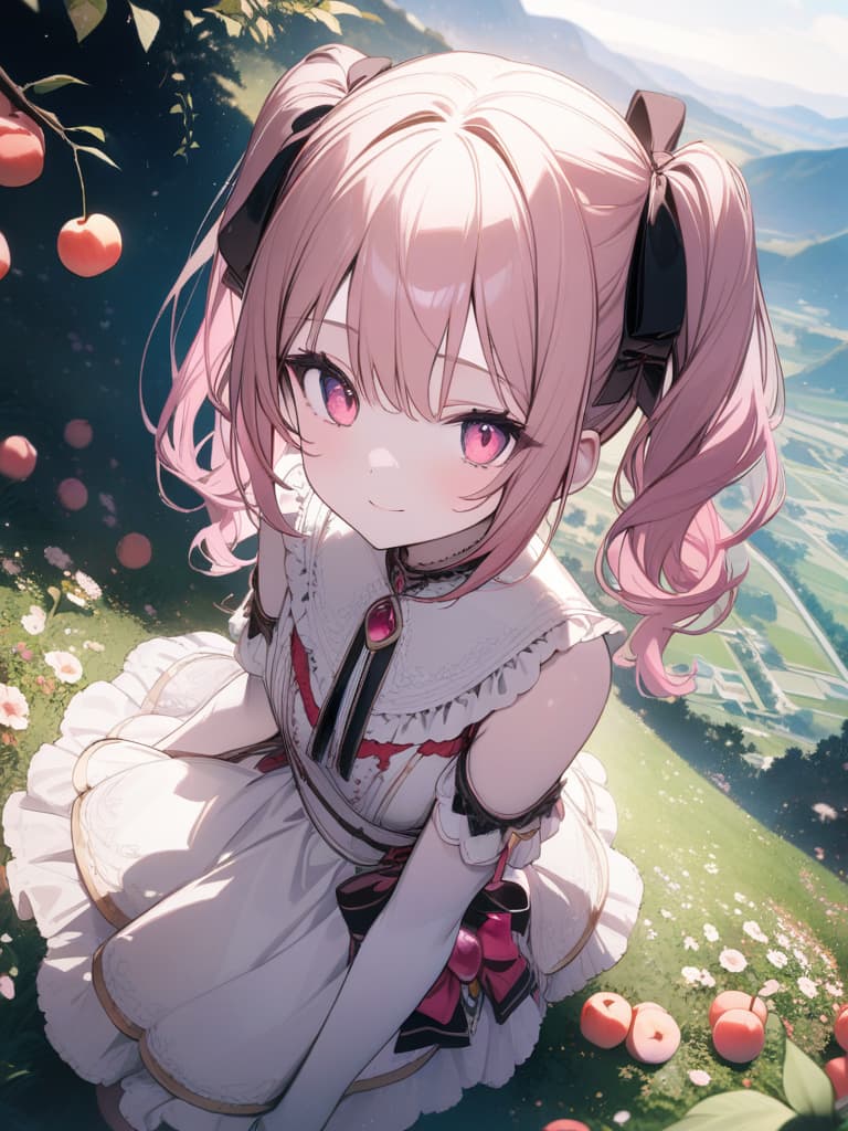  Cute, , pink hair, twin tails, pink eyes, young face, big s, peach, fruits, frill dress, white skin, smiles, valley, thin body, fluffy hair, big s, masterpiece, best quality,8k,ultra detailed,high resolution,an extremely delicate and beautiful,hyper detail