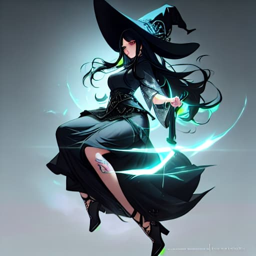  (A beautiful witch with long black hair, green eyes and tattoos), anime, highly detailed, 4k, high quality, trending on art station hyperrealistic, full body, detailed clothing, highly detailed, cinematic lighting, stunningly beautiful, intricate, sharp focus, f/1. 8, 85mm, (centered image composition), (professionally color graded), ((bright soft diffused light)), volumetric fog, trending on instagram, trending on tumblr, HDR 4K, 8K