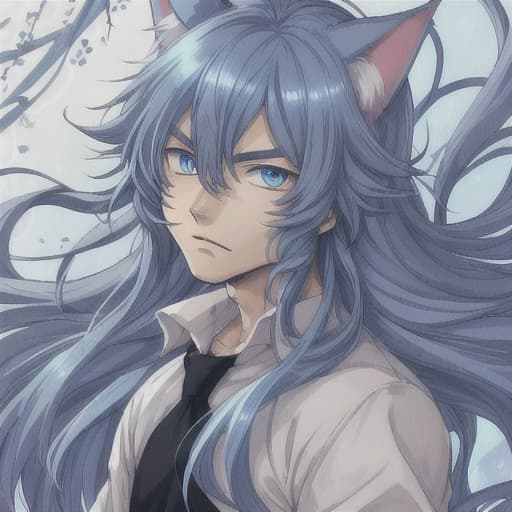  cute anime old cat boy with blue eyes and long hair