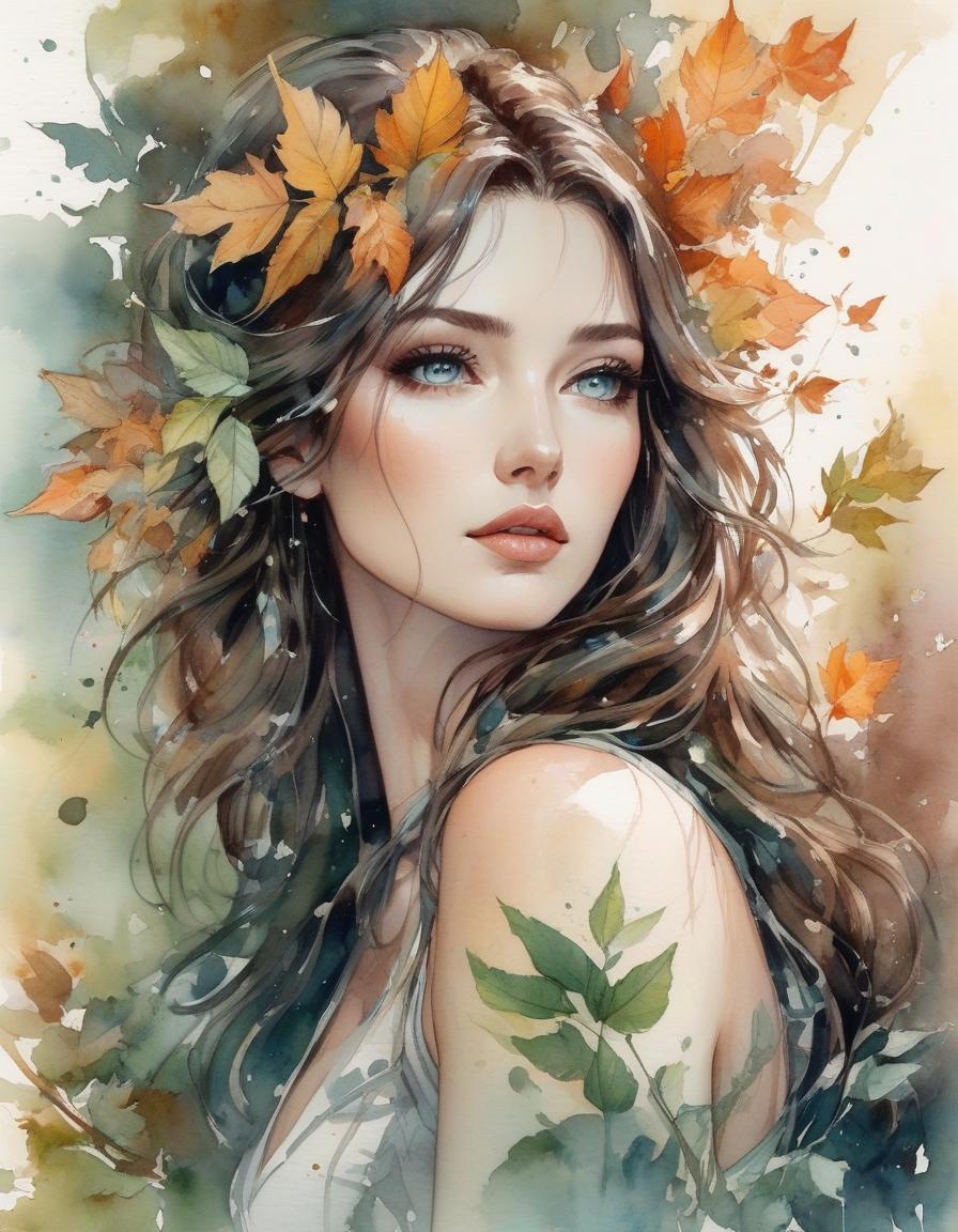  A watercolor illustration of a woman with flowing hair adorned with leaves, gazing intently, with splashes of color around her. by Albert Robida and Alice Pasquini and Luis Royo, watercolour masterpiece, l Digital watercolor Illustration Waterhouse, Carne Griffiths, Minjae Lee, Ana Paula Hoppe, Stylized watercolor art, Intricate, Complex contrast, HDR, Sharp, soft Cinematic Volumetric lighting, seasonal colors, perfect wide long shot visual masterpiece hyperrealistic, full body, detailed clothing, highly detailed, cinematic lighting, stunningly beautiful, intricate, sharp focus, f/1. 8, 85mm, (centered image composition), (professionally color graded), ((bright soft diffused light)), volumetric fog, trending on instagram, trending on tumblr, HDR 4K, 8K