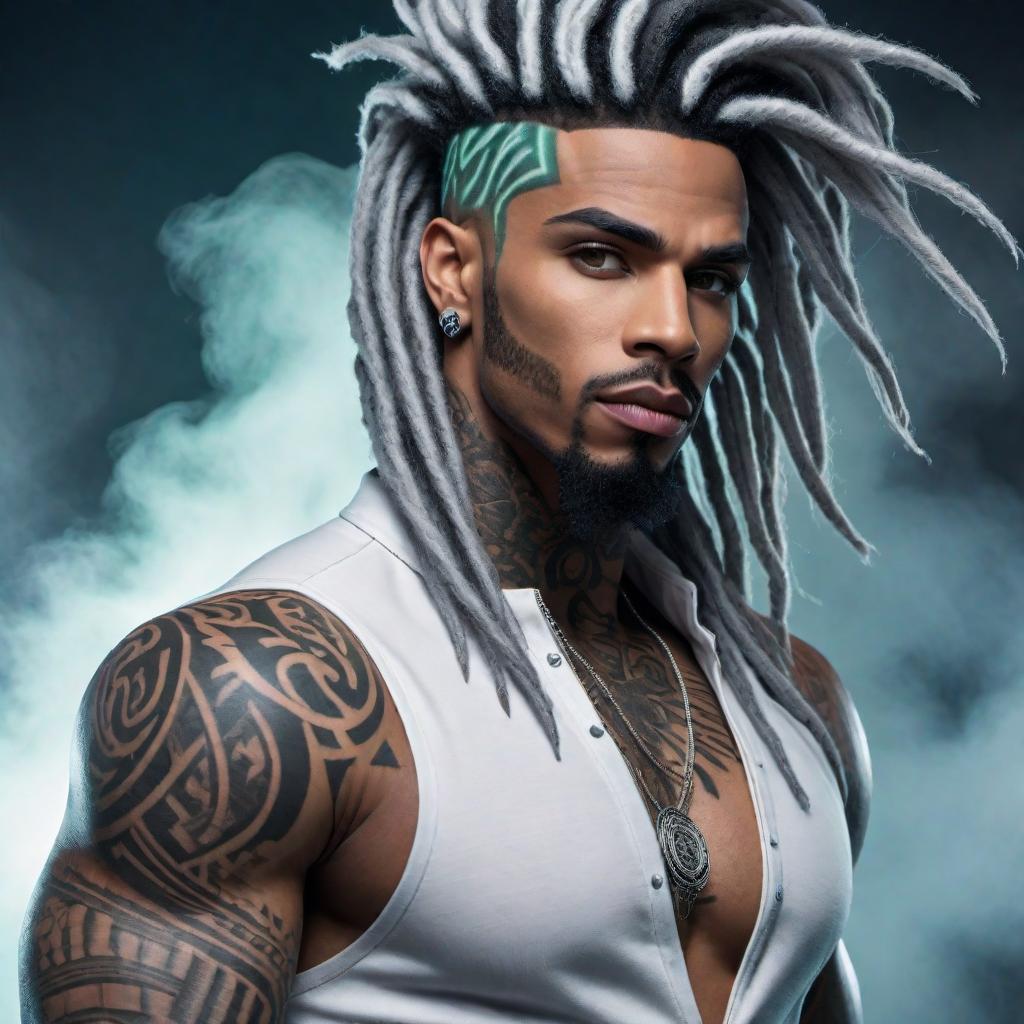  Create an image of Danny Phantom with dreadlocks and tattoos. hyperrealistic, full body, detailed clothing, highly detailed, cinematic lighting, stunningly beautiful, intricate, sharp focus, f/1. 8, 85mm, (centered image composition), (professionally color graded), ((bright soft diffused light)), volumetric fog, trending on instagram, trending on tumblr, HDR 4K, 8K