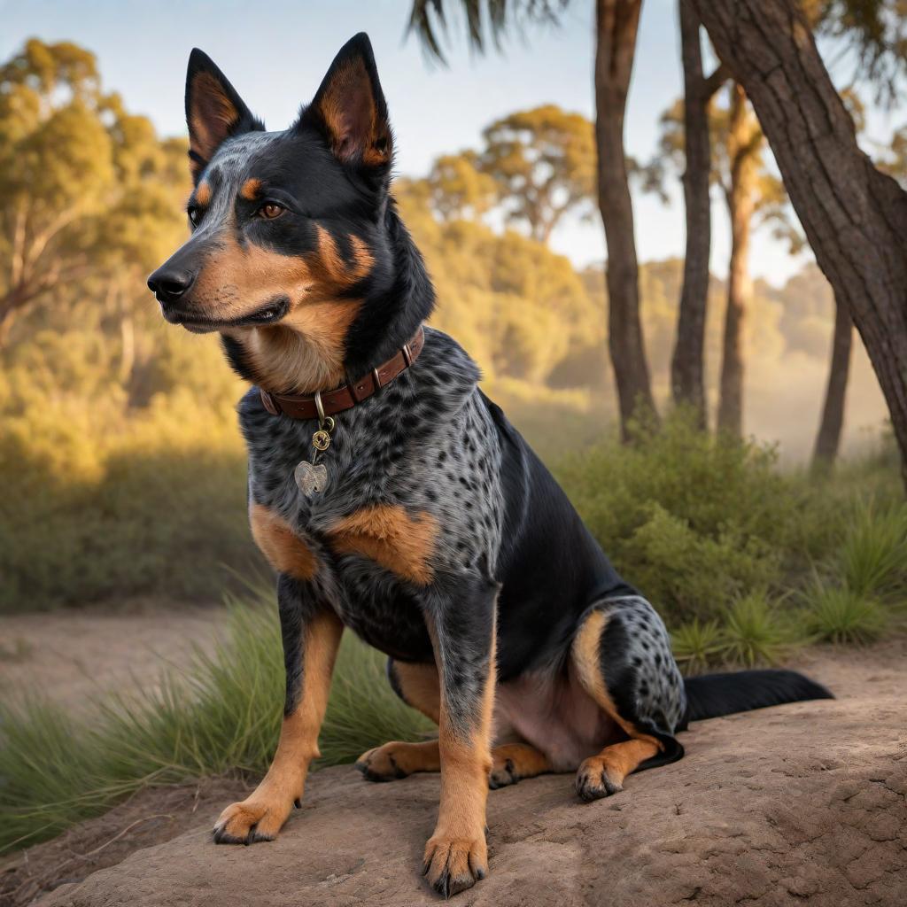  A Queensland Heeler (Australian Cattle Dog) mixed with a Poodle, featuring physical traits from both breeds. The dog has a black and brown coat, and is shown in a friendly and playful pose outdoors to reflect its energetic nature. hyperrealistic, full body, detailed clothing, highly detailed, cinematic lighting, stunningly beautiful, intricate, sharp focus, f/1. 8, 85mm, (centered image composition), (professionally color graded), ((bright soft diffused light)), volumetric fog, trending on instagram, trending on tumblr, HDR 4K, 8K