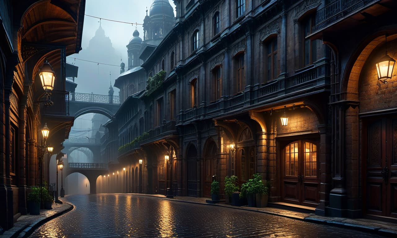  concept art Industrial age city, deep canyons in the middle, architectural streets, bazaars, Bridges, rainy days, steampunk, European architecture, (Masterpiece:1.3), (best quality:1.3) dark atmosphere, clear composition, clear lines, fine detail, 4k, trending on artstation, volumetric lighting, background, 16k, high resolution, atmospheric haze, Film grain, cinematic film still, shallow depth of field, highly detailed, moody, epic, photorealistic, atmospheric lighting, volumetric lighting. The technique of painting is simple, cinematic. ethereal lights, mysterious and alluring atmosphere, trending on art galleries specializing in fantasy art. extremely detailed, fantasy art style, dark colours, symmetrical, random perspective, (High detai hyperrealistic, full body, detailed clothing, highly detailed, cinematic lighting, stunningly beautiful, intricate, sharp focus, f/1. 8, 85mm, (centered image composition), (professionally color graded), ((bright soft diffused light)), volumetric fog, trending on instagram, trending on tumblr, HDR 4K, 8K