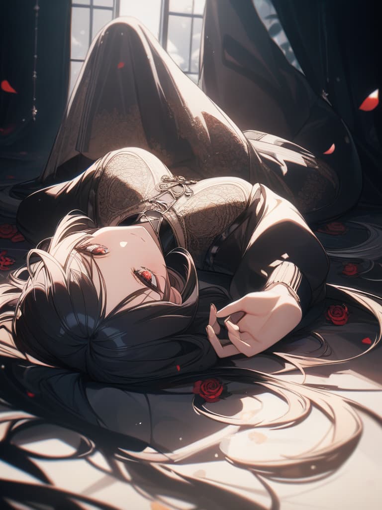  Hair colored beige, black gothic fashion, twin tails, long hair, roses are motifs, eyes are red, smiles, lying down, back, whole body, masterpiece, best quality,8k,ultra detailed,high resolution,an extremely delicate and beautiful,hyper detail