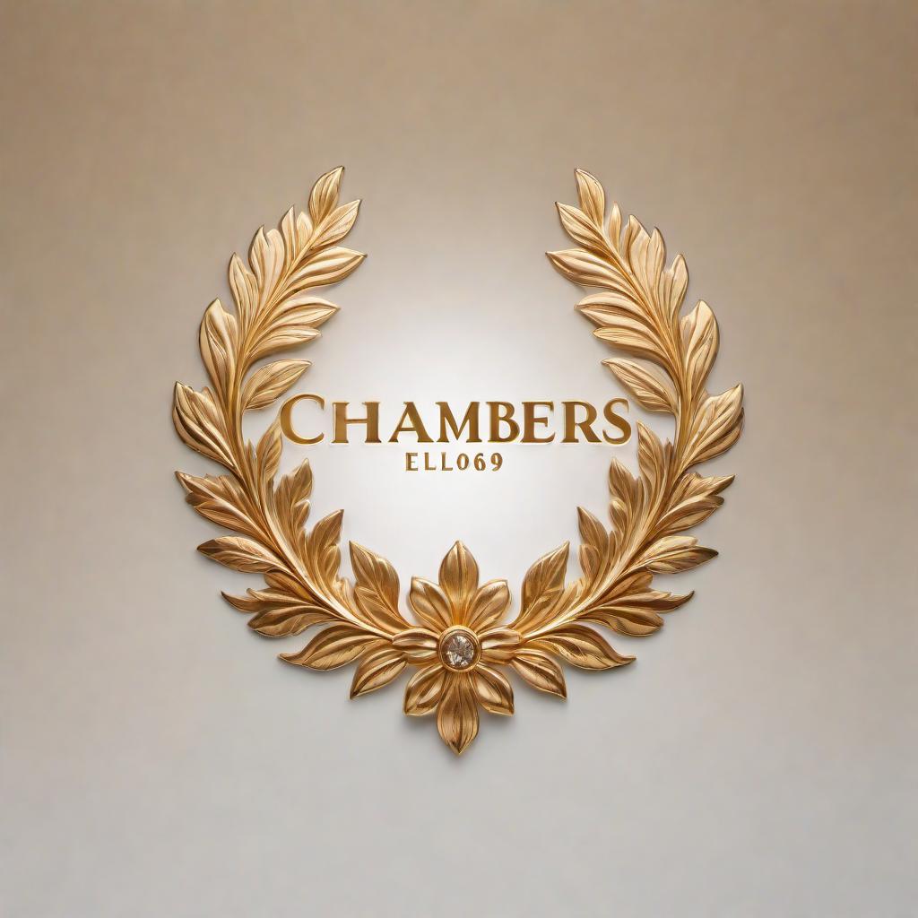  A bold logo for the word 'CHAMBERS' in gold, with a sophisticated and luxurious design, suitable for branding purposes. The font should be strong and prominent, evoking a sense of prestige and elegance. The gold should have a metallic sheen, giving it a rich and polished appearance. The design should be clean yet striking, ensuring it stands out and leaves a lasting impression. hyperrealistic, full body, detailed clothing, highly detailed, cinematic lighting, stunningly beautiful, intricate, sharp focus, f/1. 8, 85mm, (centered image composition), (professionally color graded), ((bright soft diffused light)), volumetric fog, trending on instagram, trending on tumblr, HDR 4K, 8K