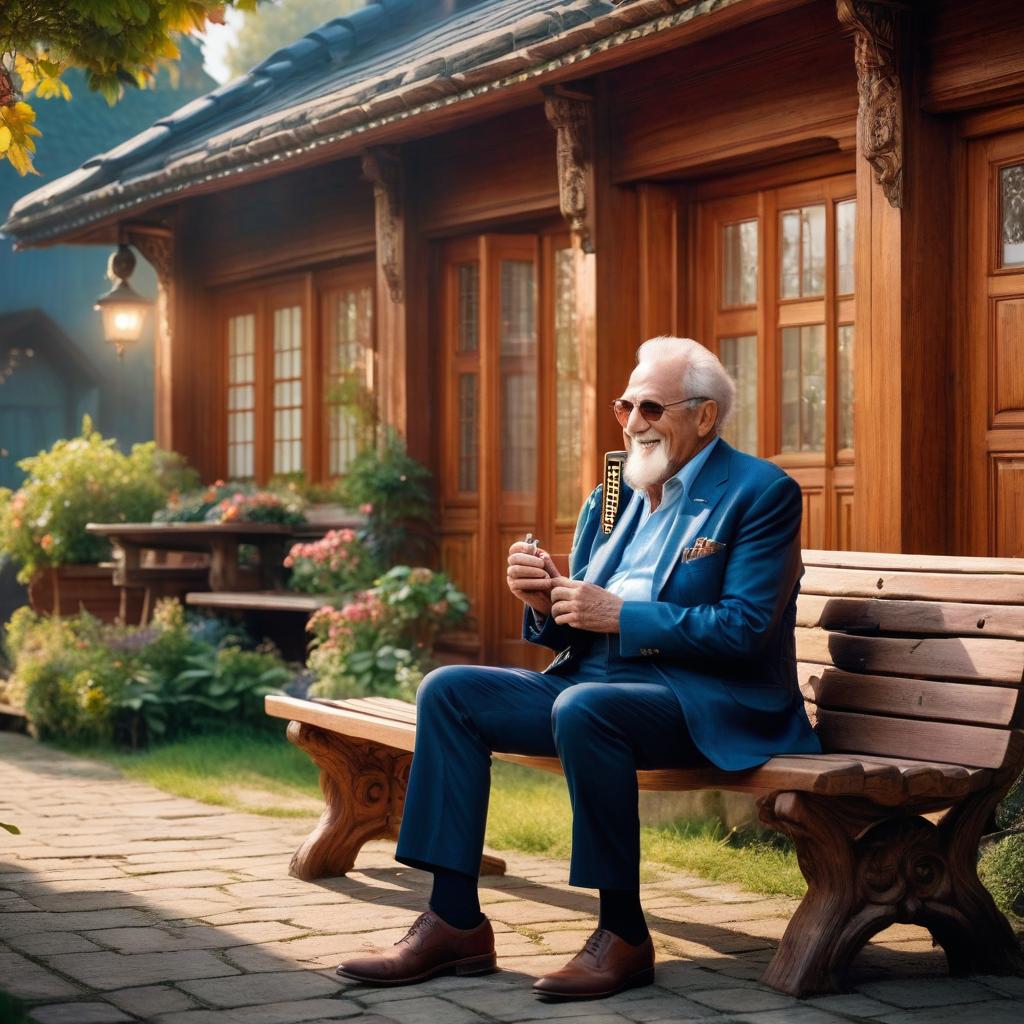  A happy grandfather with a harmonica (1.4) sits on a bench next to a large wooden carved house, bright colors, watercolor. hyperrealistic, full body, detailed clothing, highly detailed, cinematic lighting, stunningly beautiful, intricate, sharp focus, f/1. 8, 85mm, (centered image composition), (professionally color graded), ((bright soft diffused light)), volumetric fog, trending on instagram, trending on tumblr, HDR 4K, 8K