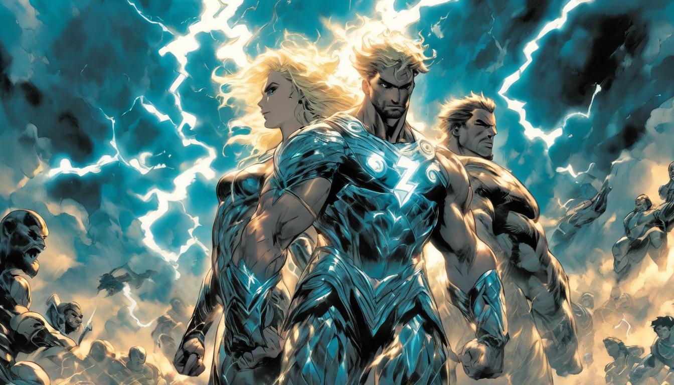  hyperrealism,fantasy aestheticGreek mythology scene, 1man1woman, large busted attractive blonde arian female humanoid and muscular male humanoid dressed in ancient Greek armor, dramatic sky, lightning and thunder, high tech clothing clad in sleek, futuristic costume with metallic accents and form fitting designs, marvel superhero comics style, unreal engine rendering